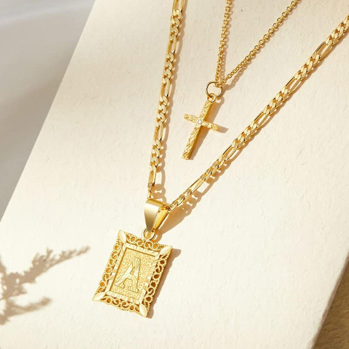 Set of 2: 14k Initial and Cross Necklaces