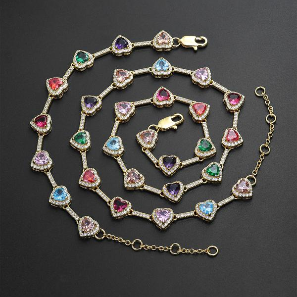 Colorful Heart-Shaped Necklace and Bracelet Set - 2 Pieces