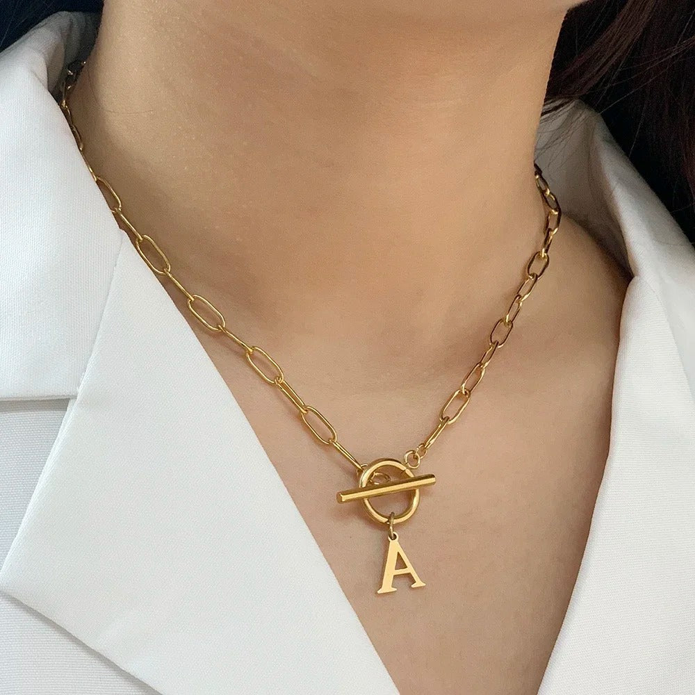 Circle Lock Clasp Necklace with Paperclip Letter Initial