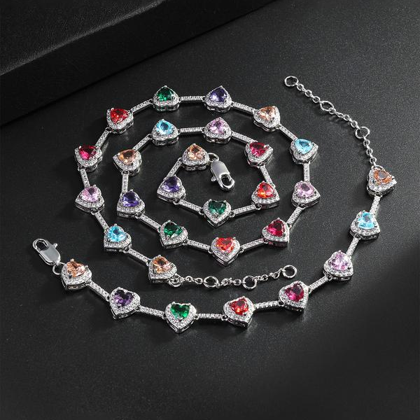 Colorful Heart-Shaped Necklace and Bracelet Set - 2 Pieces