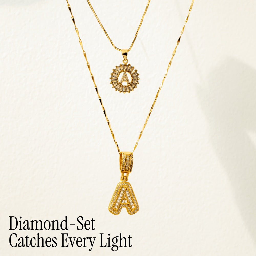 Set of 2 - 14k Gold Initial Necklaces with Diamonds