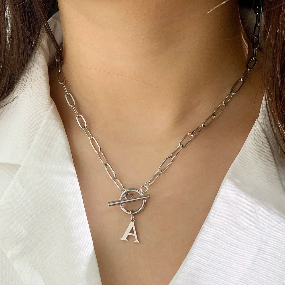 Circle Lock Clasp Necklace with Paperclip Letter Initial
