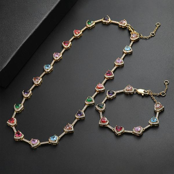 Colorful Heart-Shaped Necklace and Bracelet Set - 2 Pieces