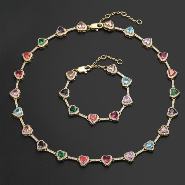 Colorful Heart-Shaped Necklace and Bracelet Set - 2 Pieces
