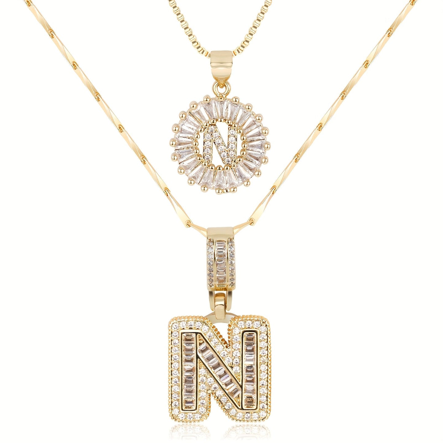 Set of 2 - 14k Gold Initial Necklaces with Diamonds