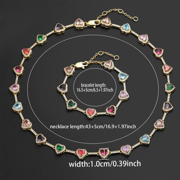 Colorful Heart-Shaped Necklace and Bracelet Set - 2 Pieces