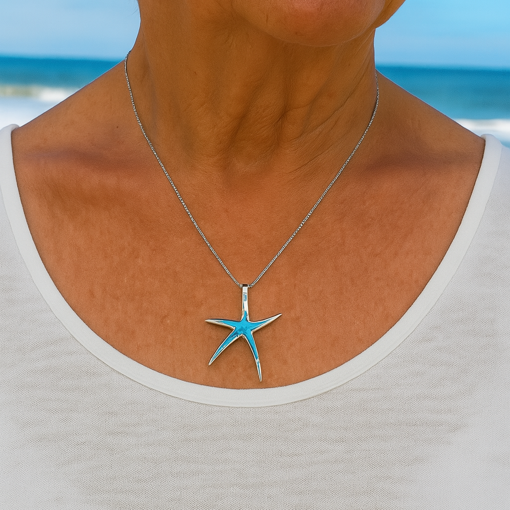 Silver Starfish Necklace with Blue Opal Accents