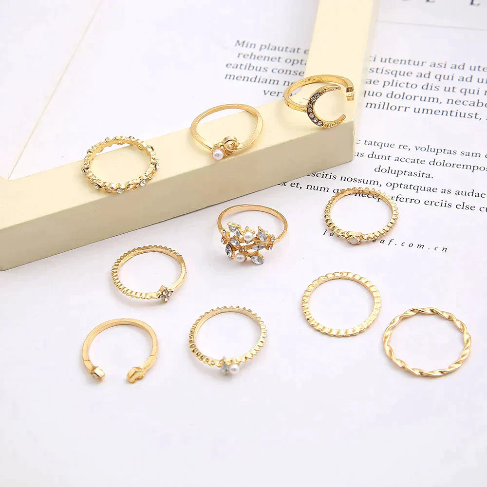 10-Piece Boho Ring Collection in Silver and Gold
