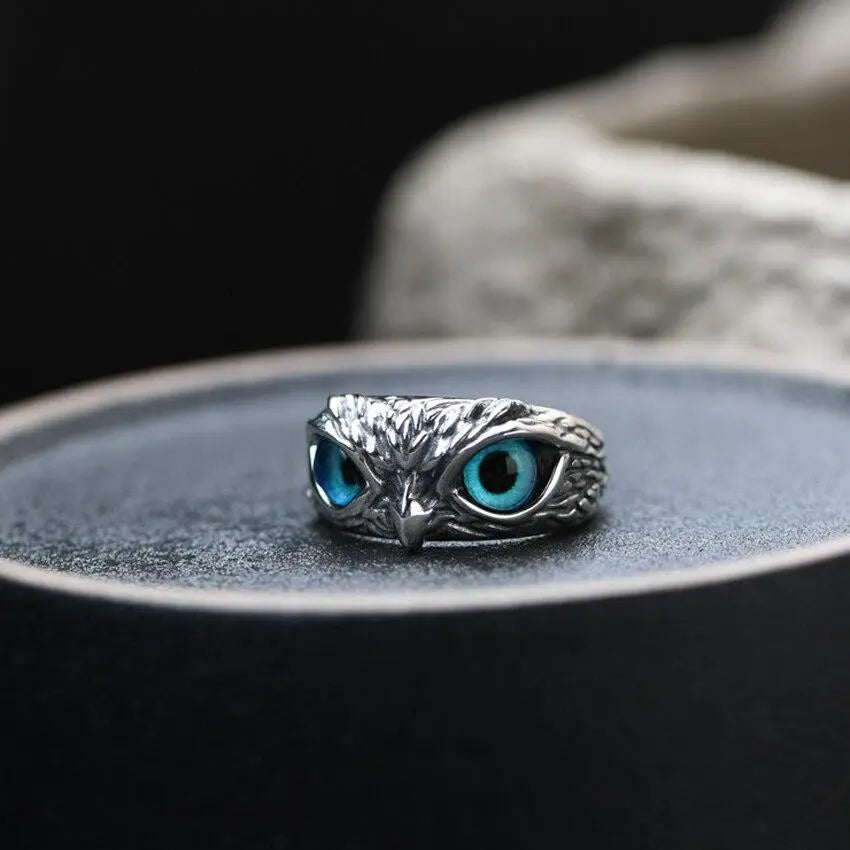 Adjustable Silver Ring Featuring Opal and Lucky Owl Design