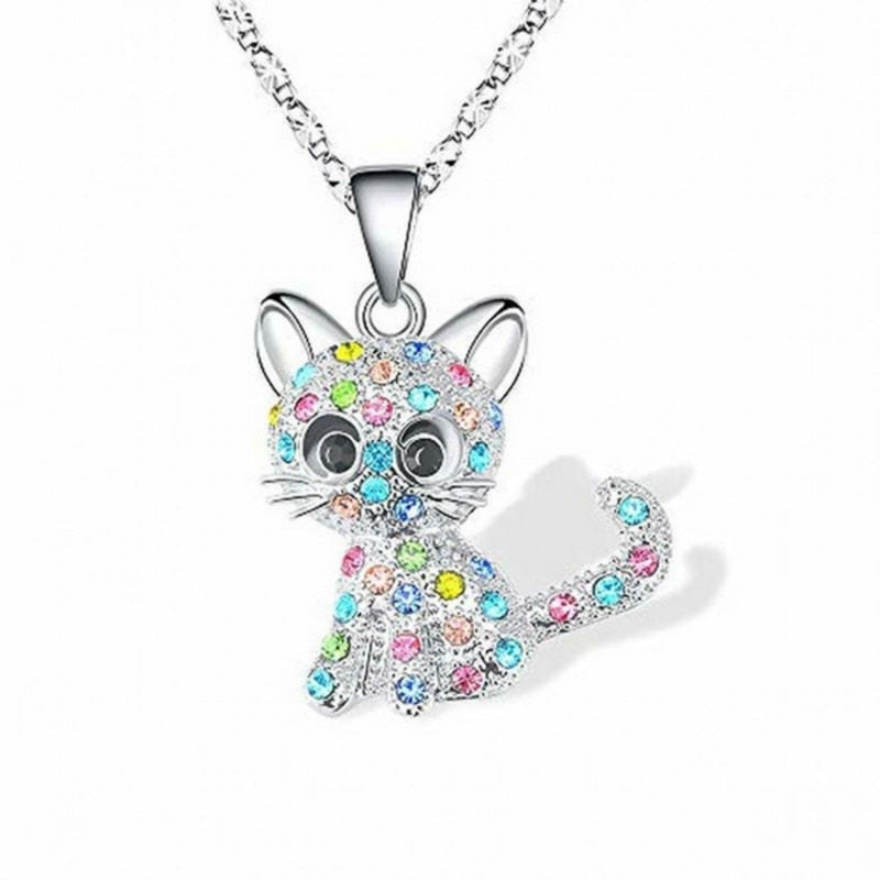 Silver Kitten Necklace with Colorful Zirconia Accents