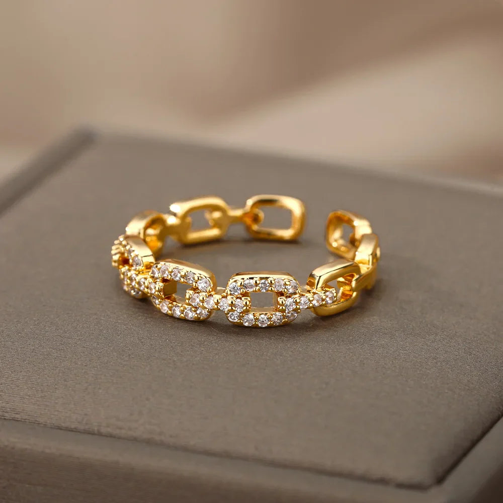 Crystal-Embellished Golden Chain Link Ring