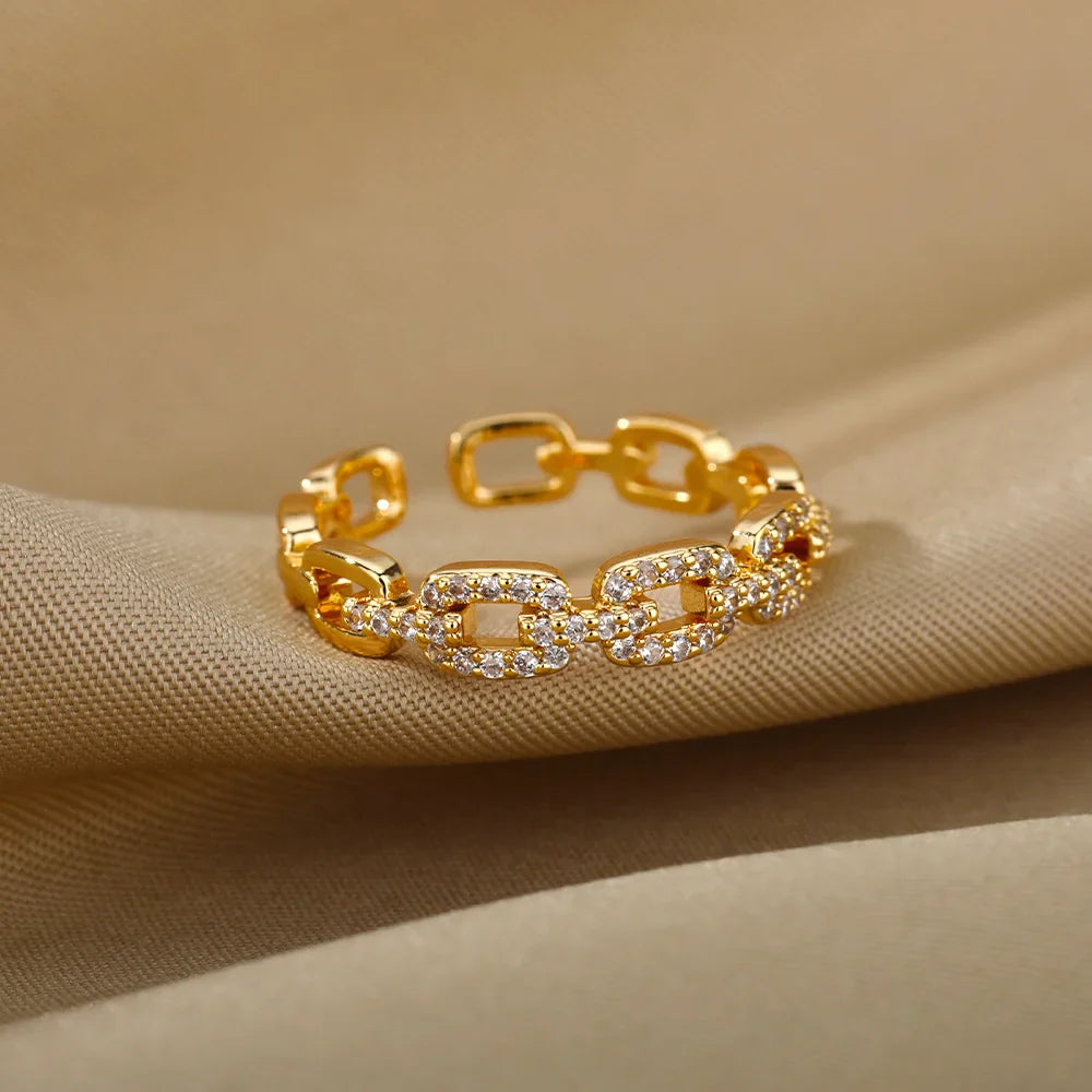 Crystal-Embellished Golden Chain Link Ring