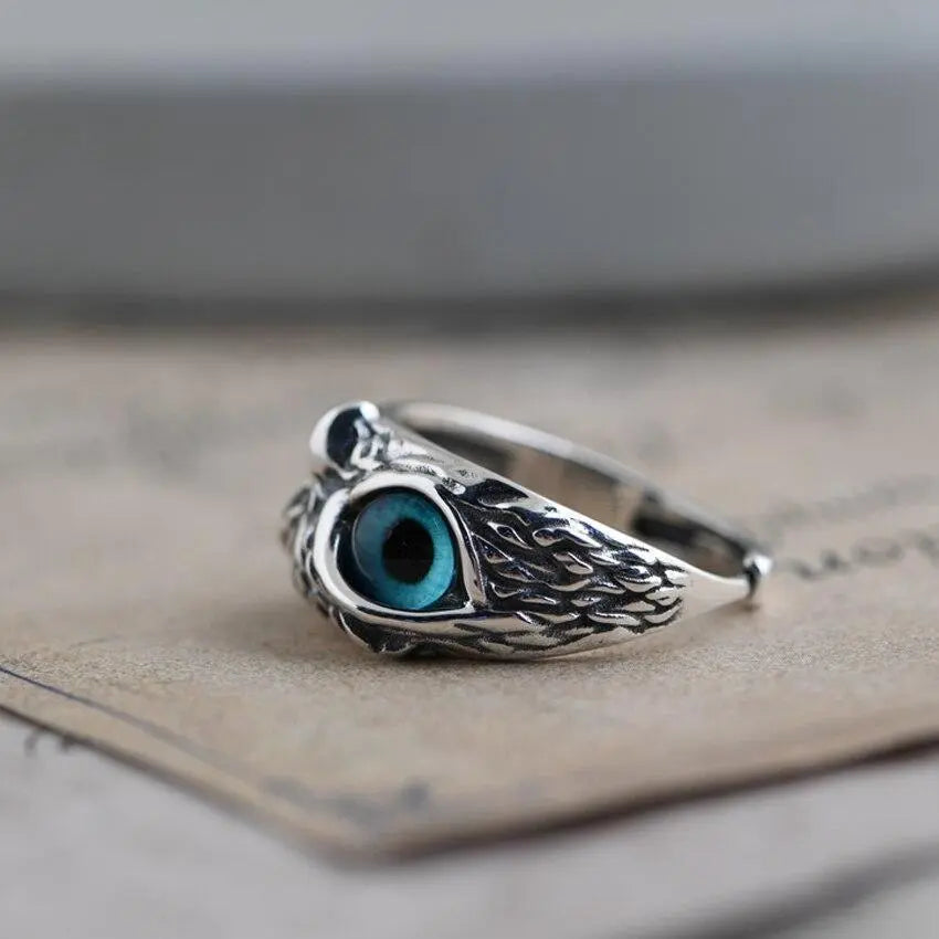 Adjustable Silver Ring Featuring Opal and Lucky Owl Design