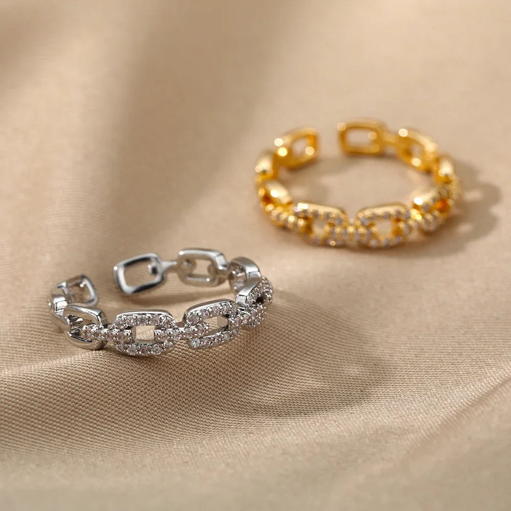 Crystal-Embellished Golden Chain Link Ring