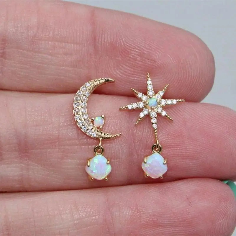 Gold and Opal Moon & Star Earrings