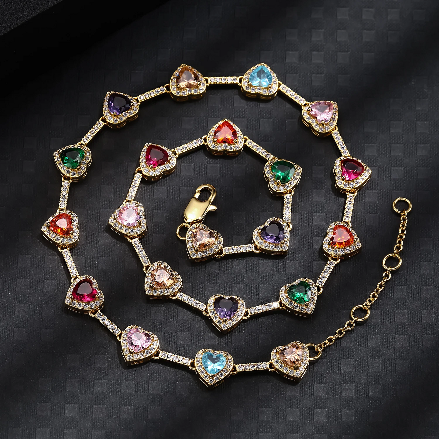 Colorful Heart-Shaped Necklace and Bracelet Set - 2 Pieces