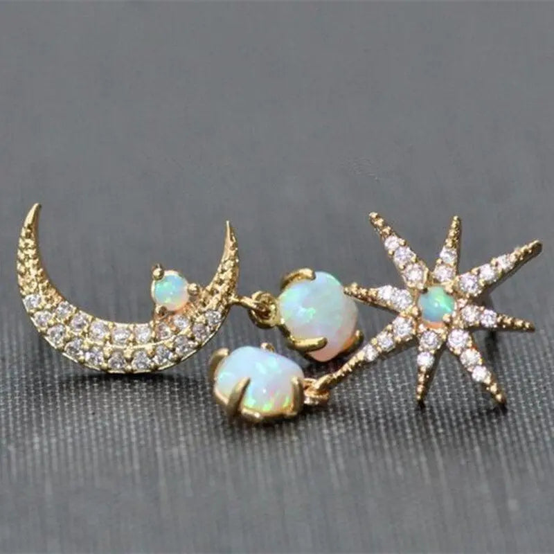 Gold and Opal Moon & Star Earrings