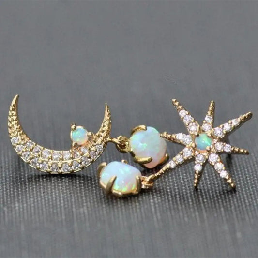Gold Opal Moon Earrings