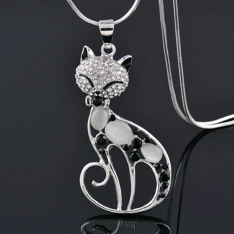 Silver Cat Love Necklace Adorned with Zirconia