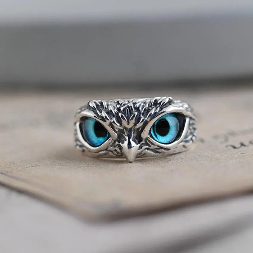 Adjustable Silver Ring Featuring Opal and Lucky Owl Design