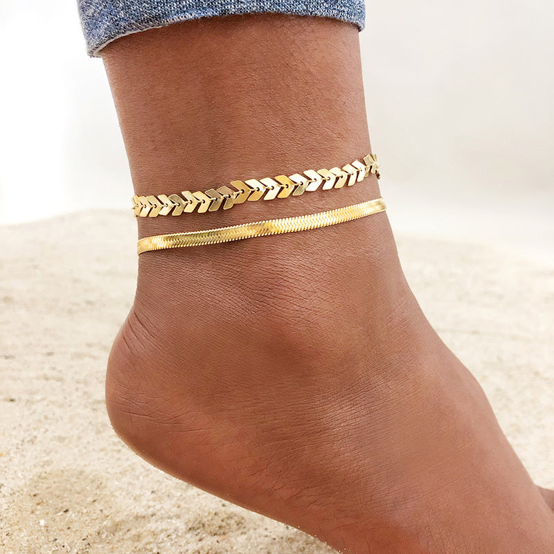 Set of 2 Gold Anklets: Chevron & Herringbone Designs