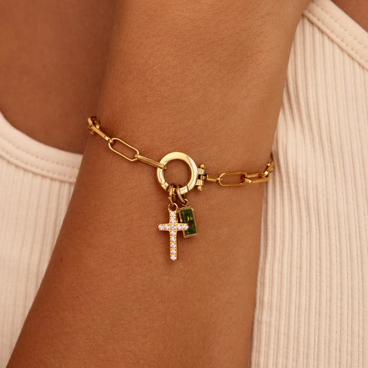 Paperclip Birthstone Cross Bracelet