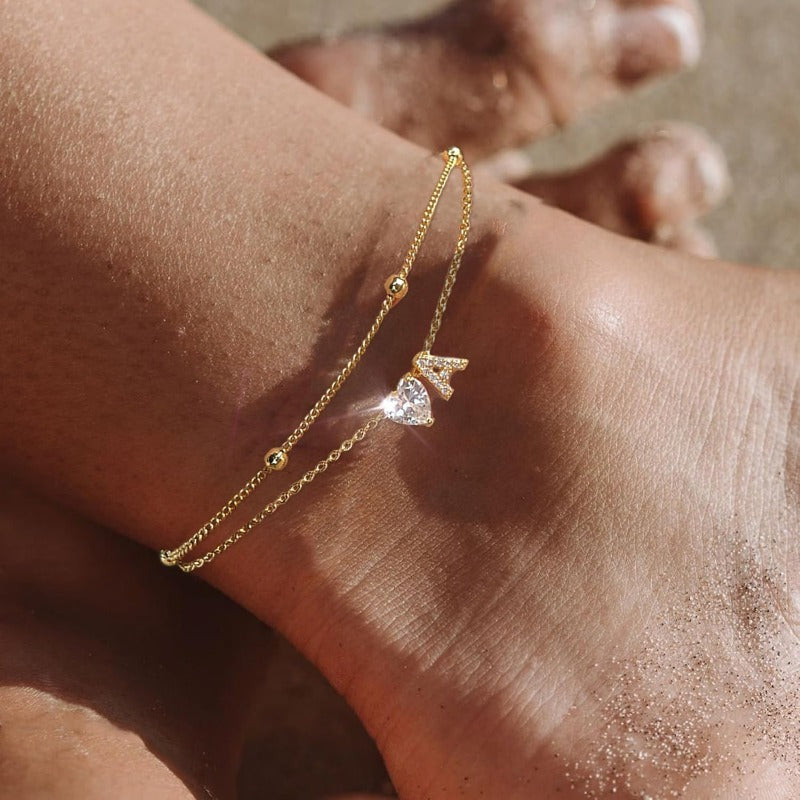 Initial Anklet with Gold Heart Charm