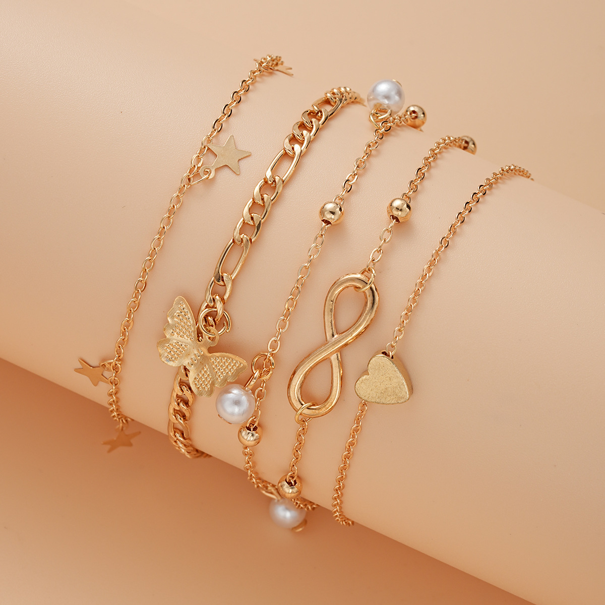 Set of 6 Gold Charm Anklets