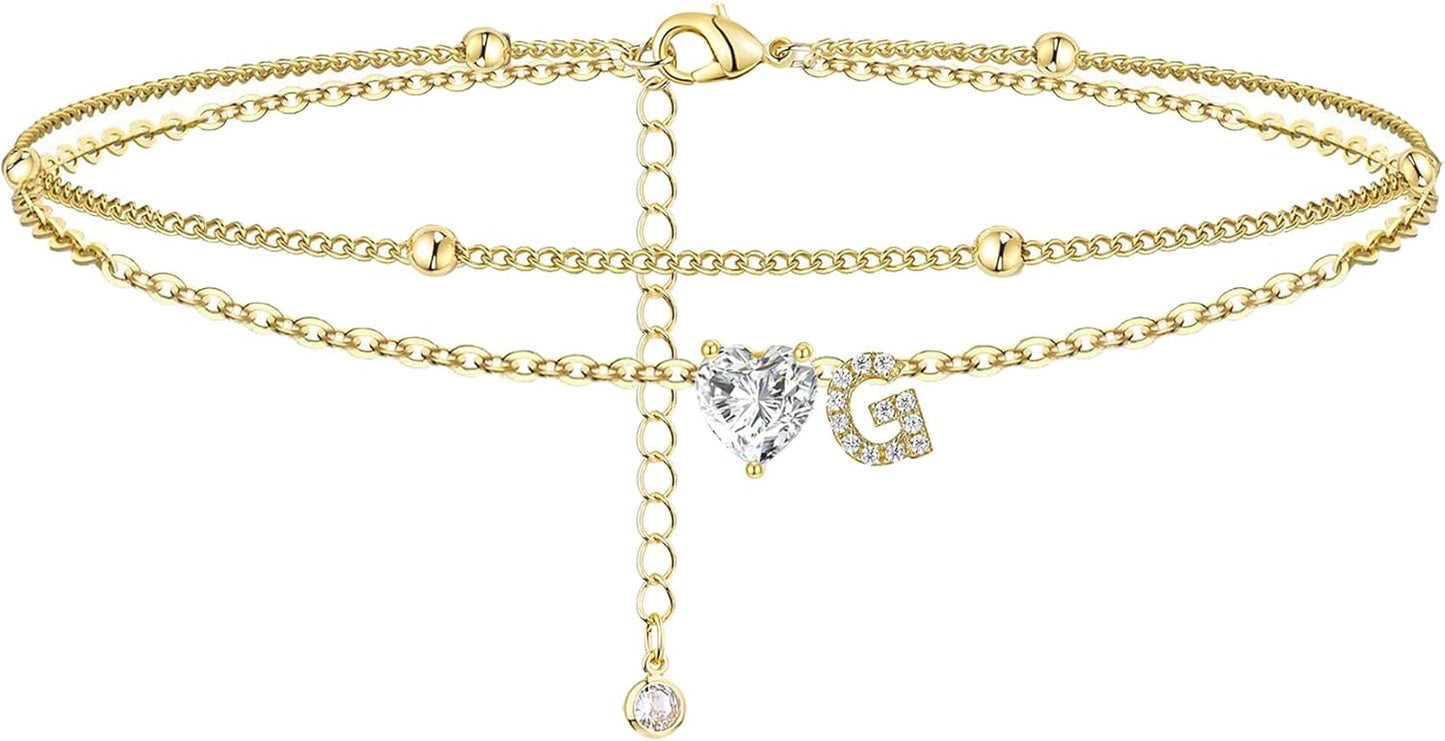Initial Anklet with Gold Heart Charm