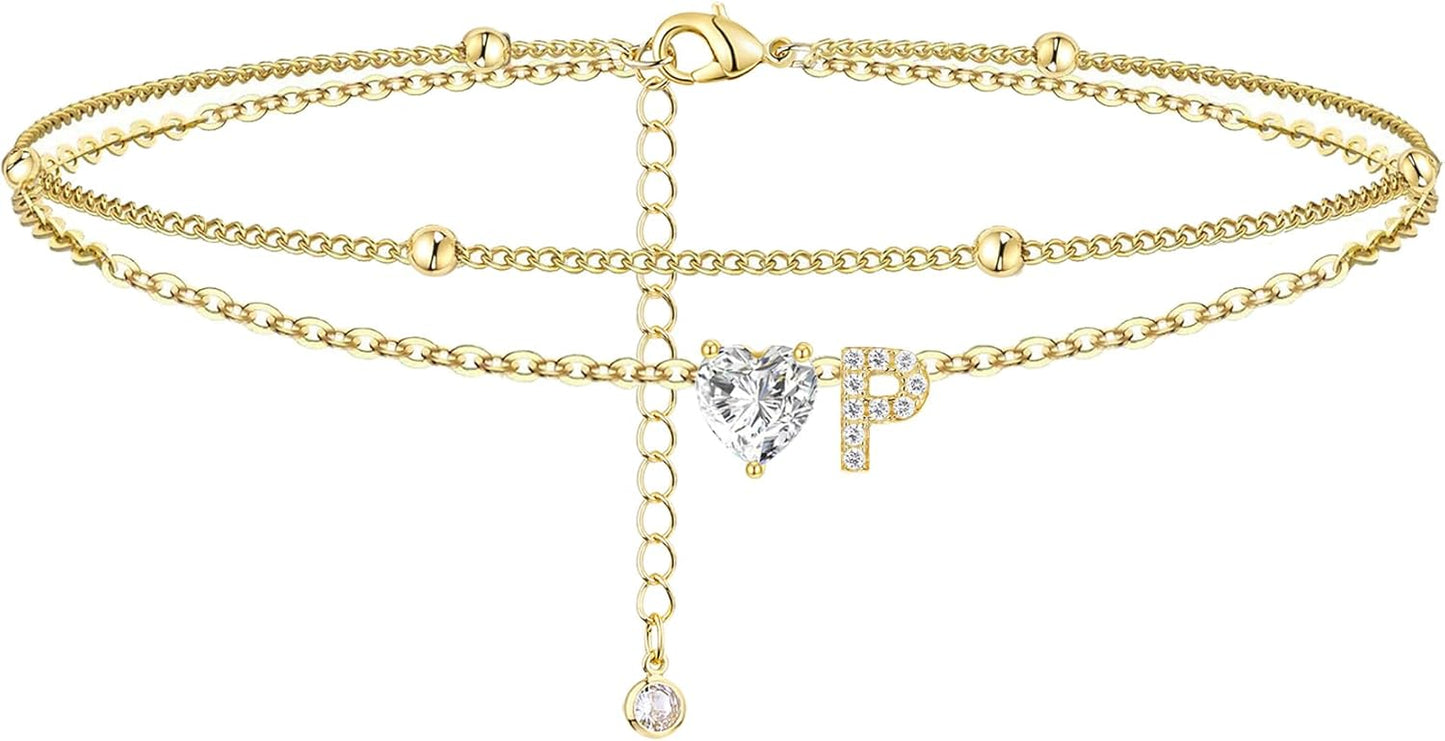 Initial Anklet with Gold Heart Charm