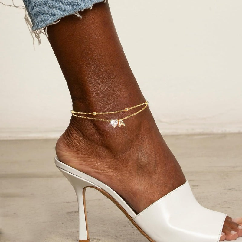 Initial Anklet with Gold Heart Charm