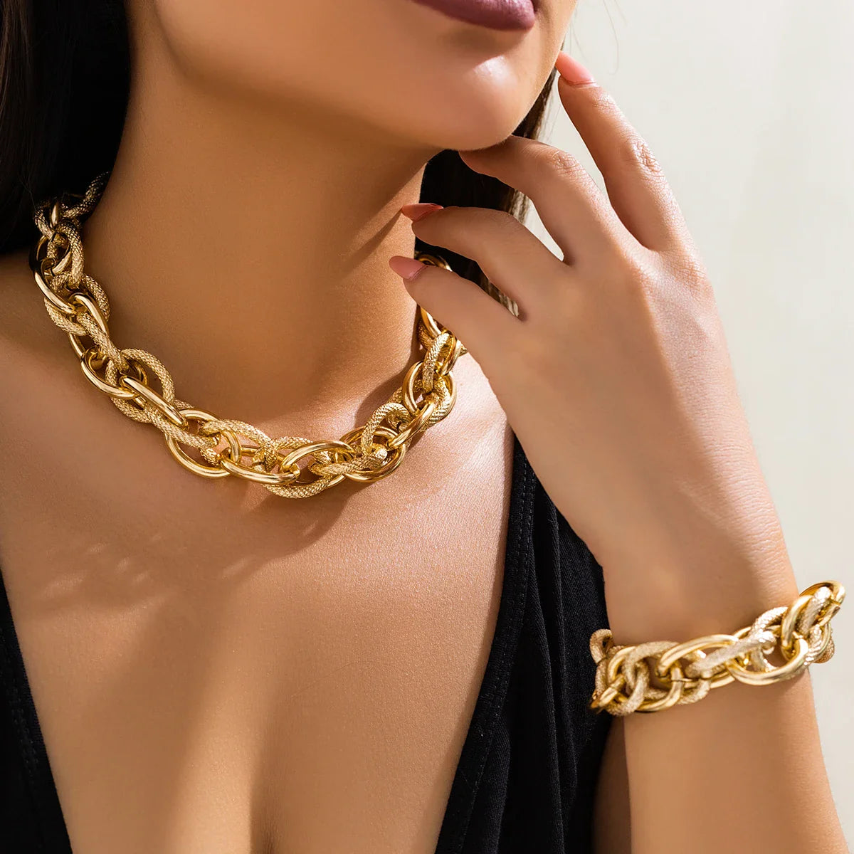 Chunky Woven Dual Chain Bracelet and Necklace Set