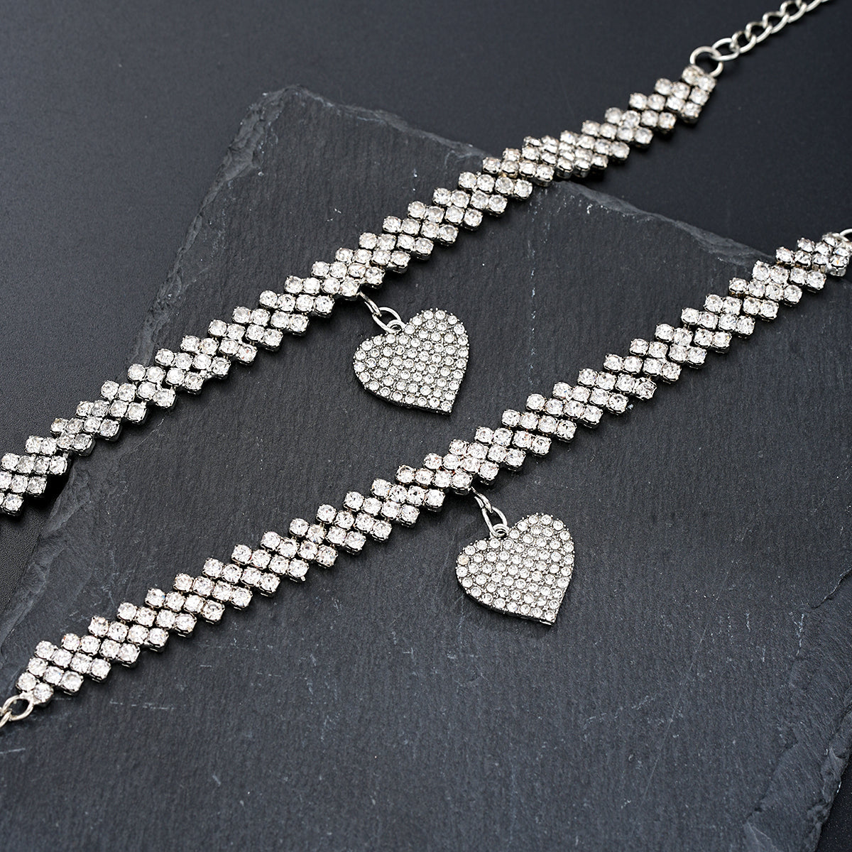 Set of 2: Rhinestone Heart Anklet and Bracelet