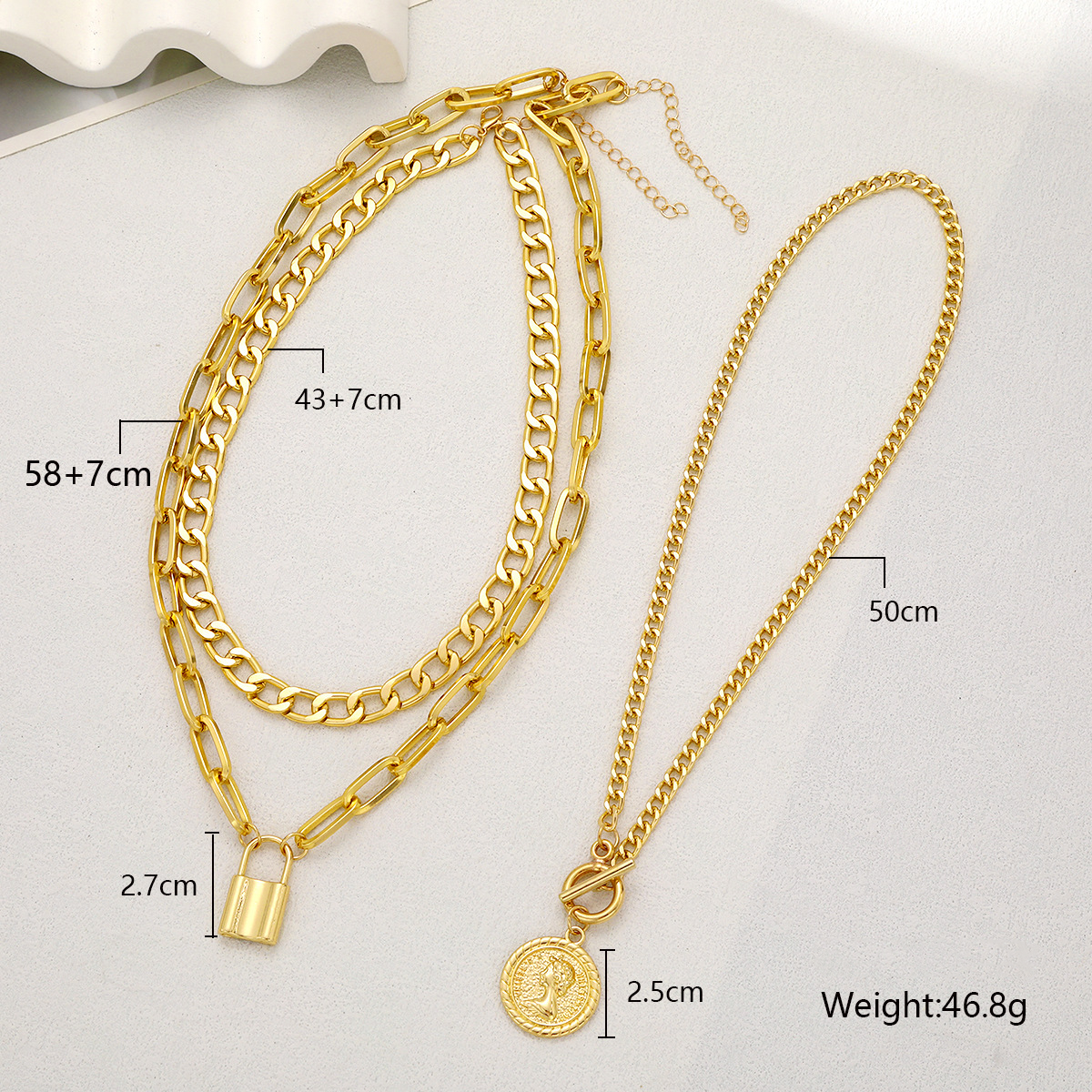 Set of 3 Coin & Lock Pendant Chain Necklaces