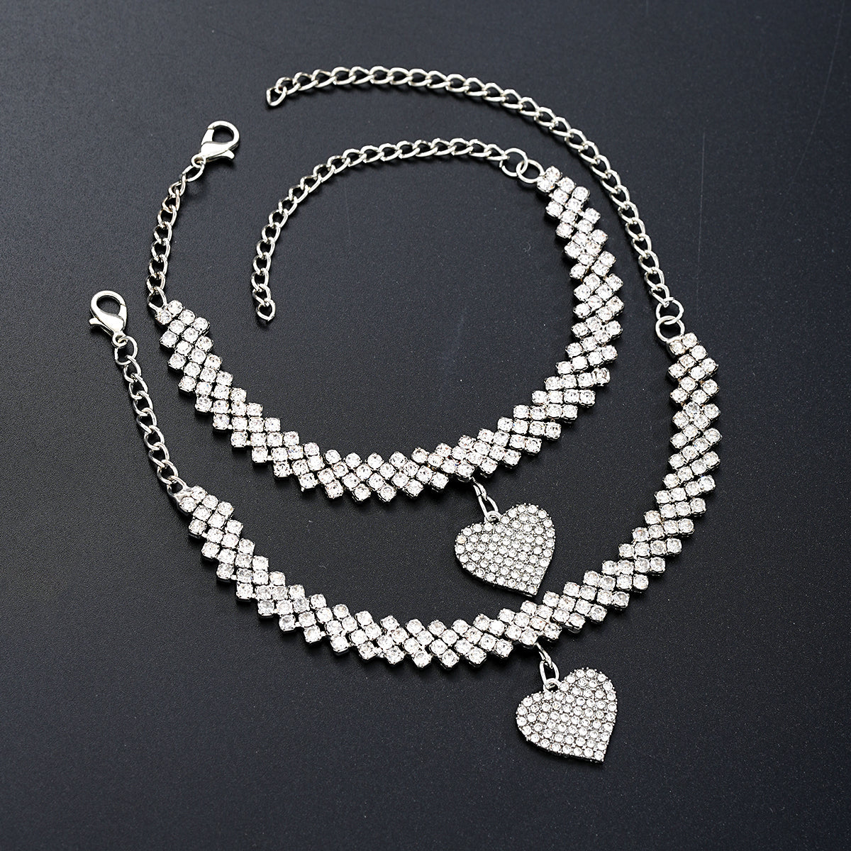 Set of 2: Rhinestone Heart Anklet and Bracelet