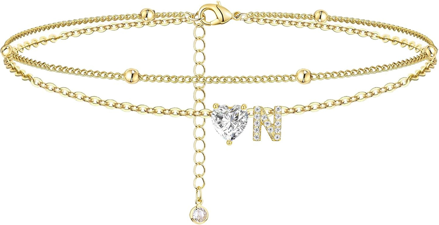 Initial Anklet with Gold Heart Charm