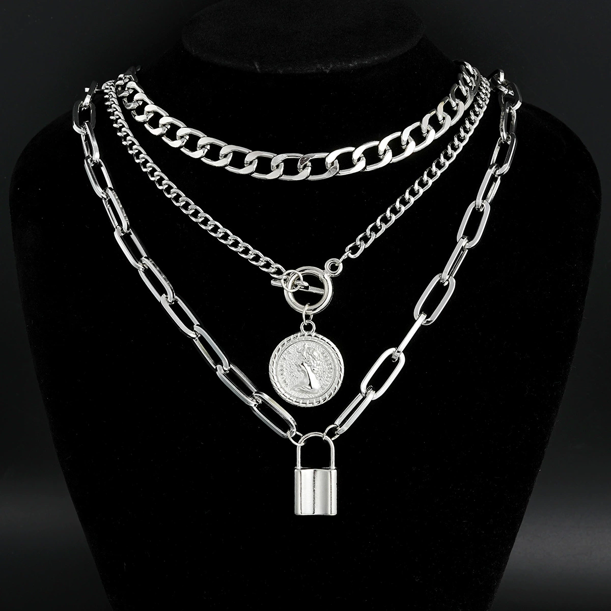 Set of 3 Coin & Lock Pendant Chain Necklaces