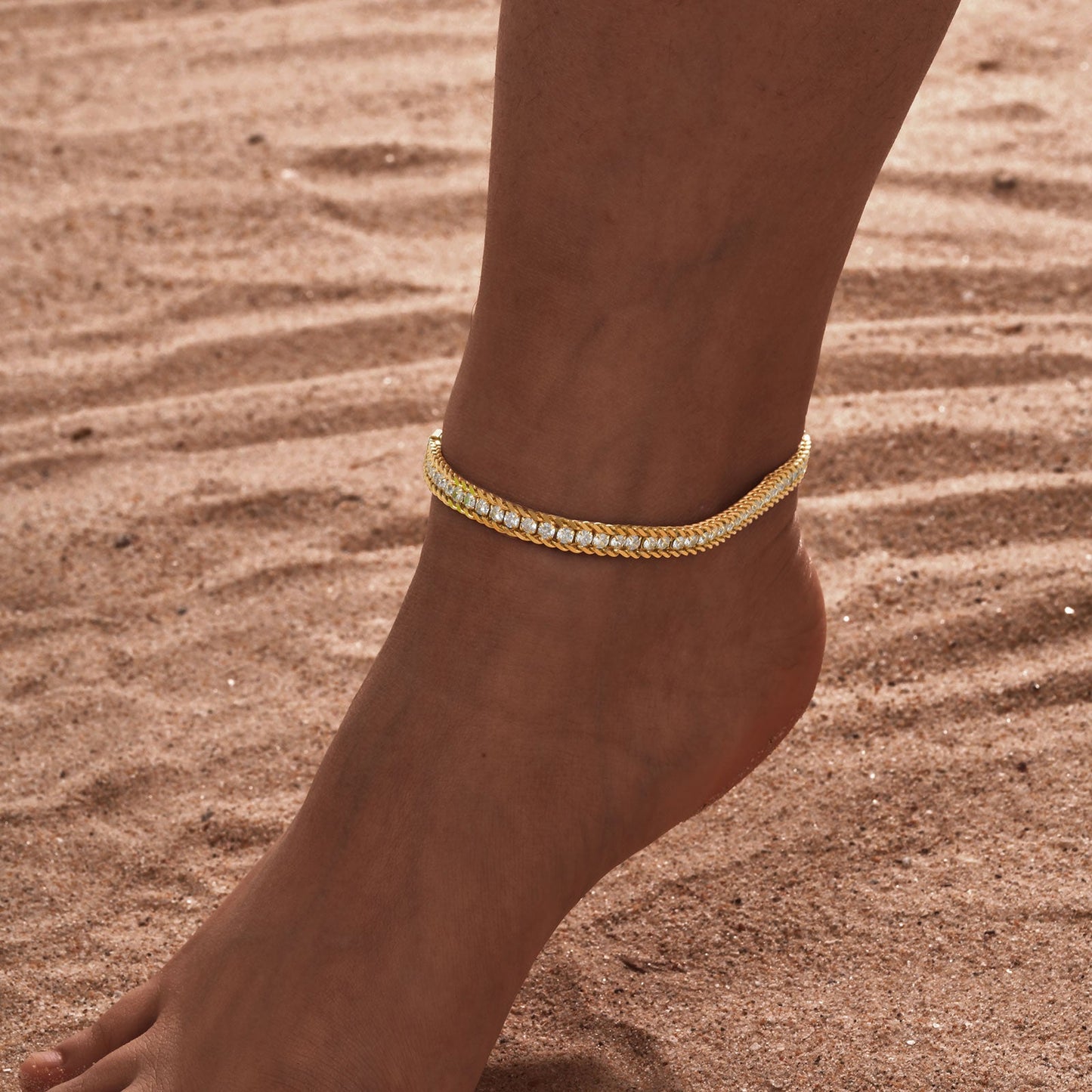 Set of 2 Crystal-Embellished Gold Chain Anklets