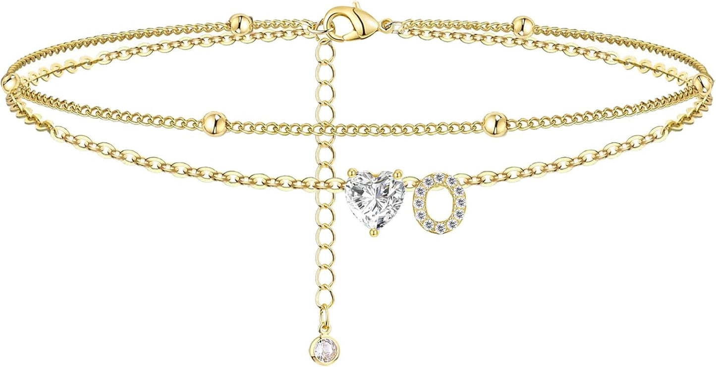 Initial Anklet with Gold Heart Charm