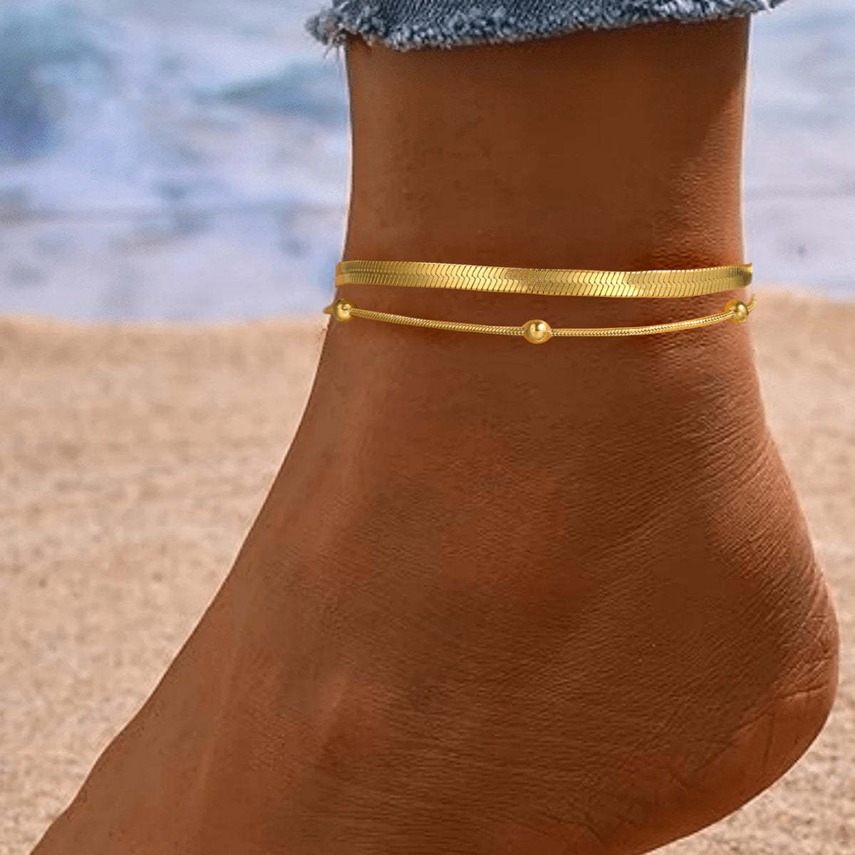 Set of 2 Elegant Gold Layered Anklets