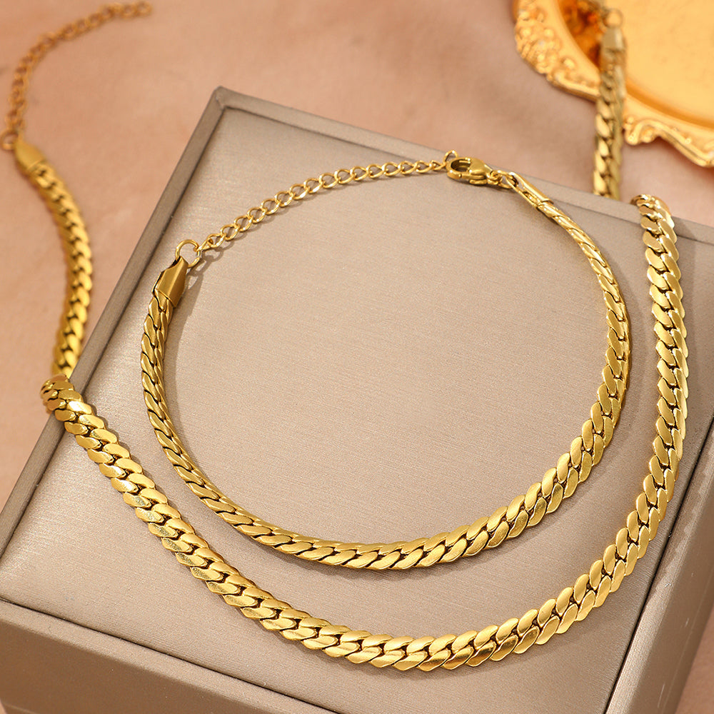 Gold Cuban Chain Necklace and Bracelet Set - 2 Pieces