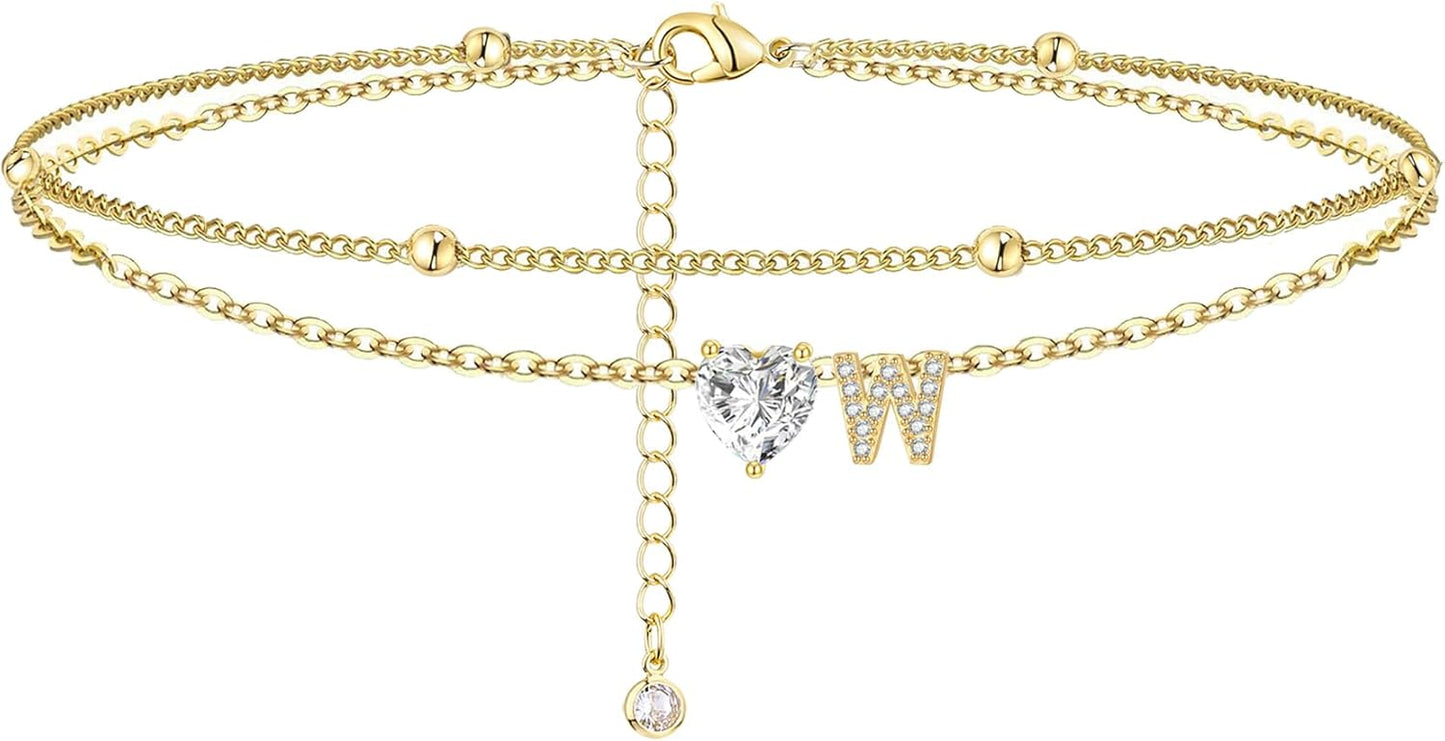 Initial Anklet with Gold Heart Charm