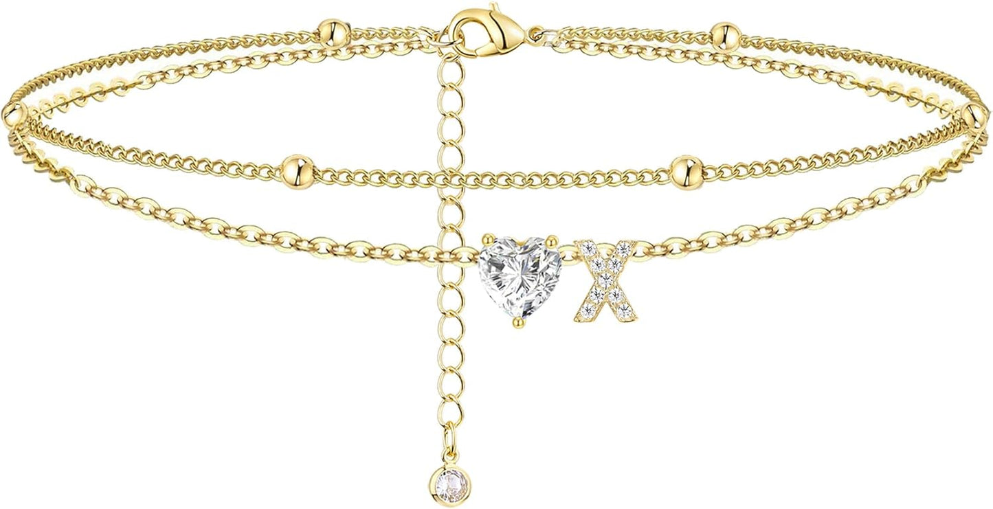 Initial Anklet with Gold Heart Charm