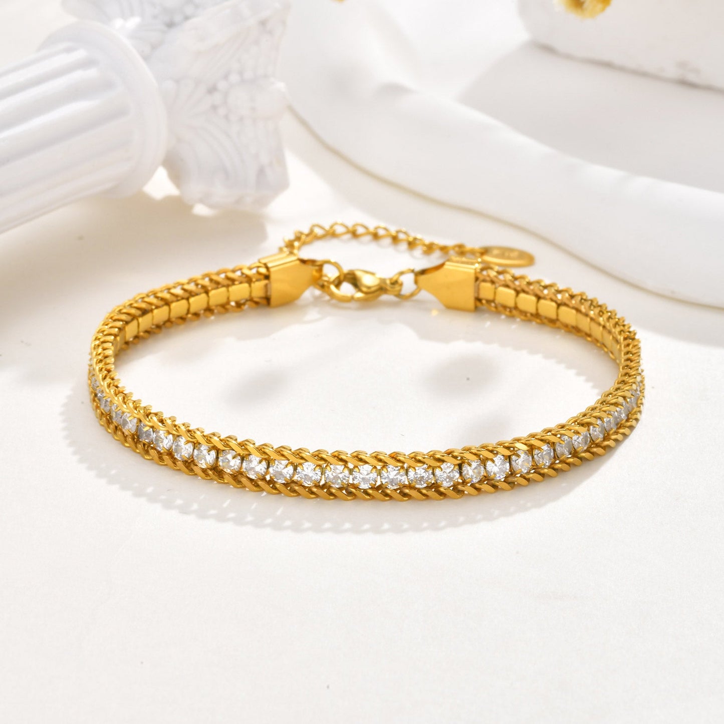 Set of 2 Crystal-Embellished Gold Chain Anklets