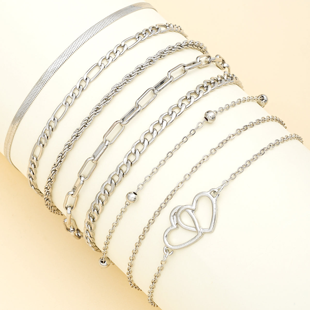 7-Piece Bohemian Double Heart Anklet Collection