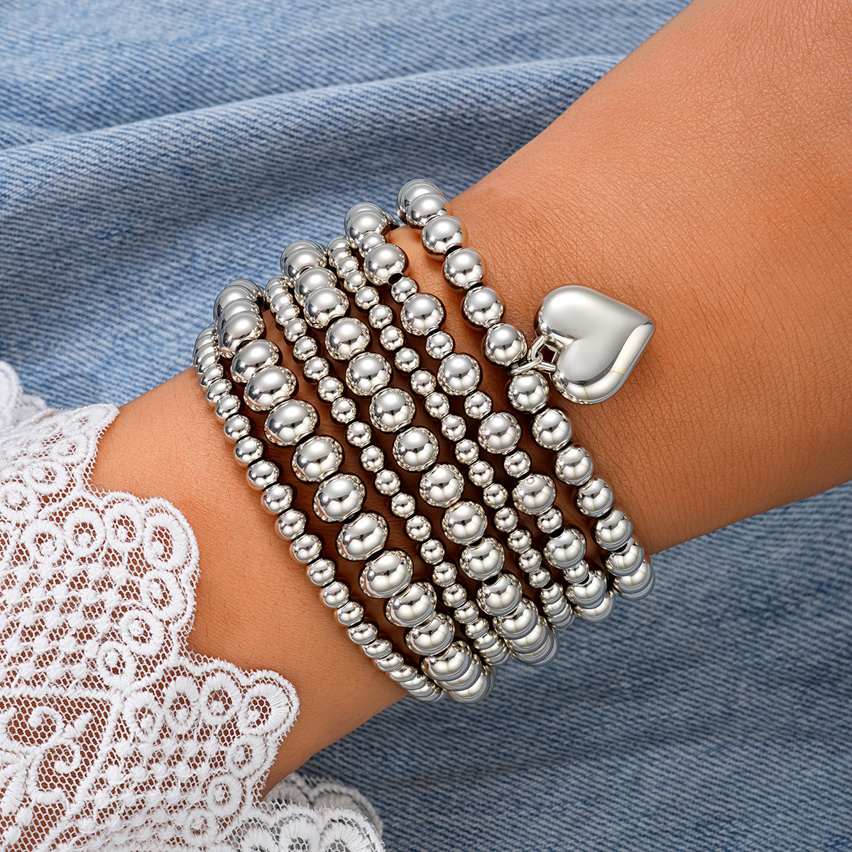 Set of 7 Silver Heart Charm Beaded Bracelets