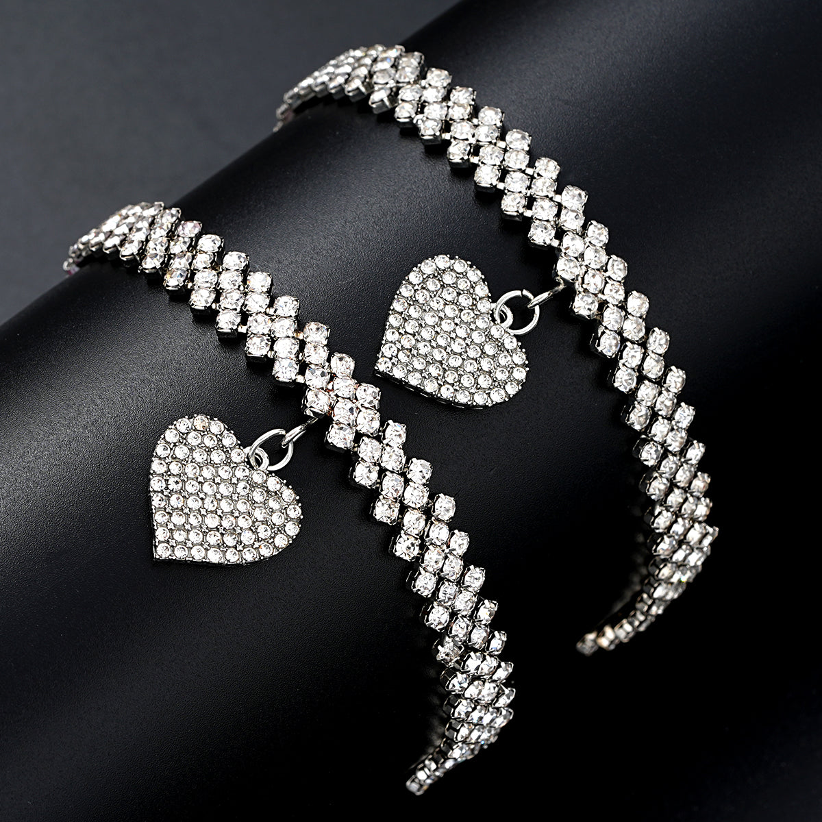 Set of 2: Rhinestone Heart Anklet and Bracelet