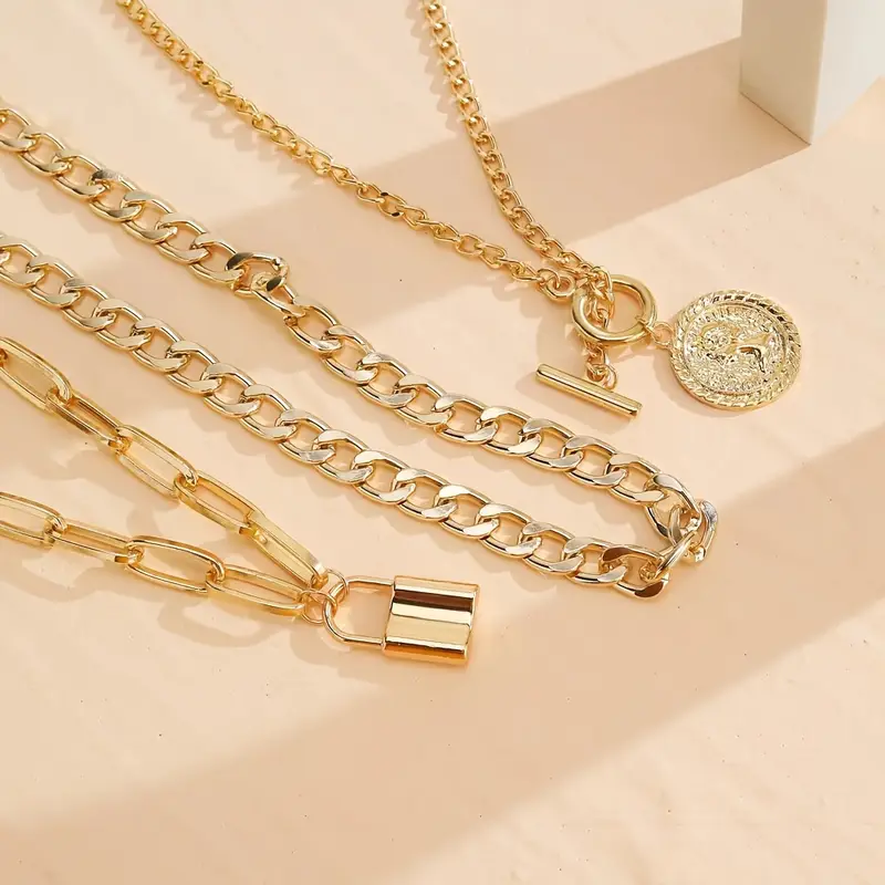 Set of 3 Coin & Lock Pendant Chain Necklaces