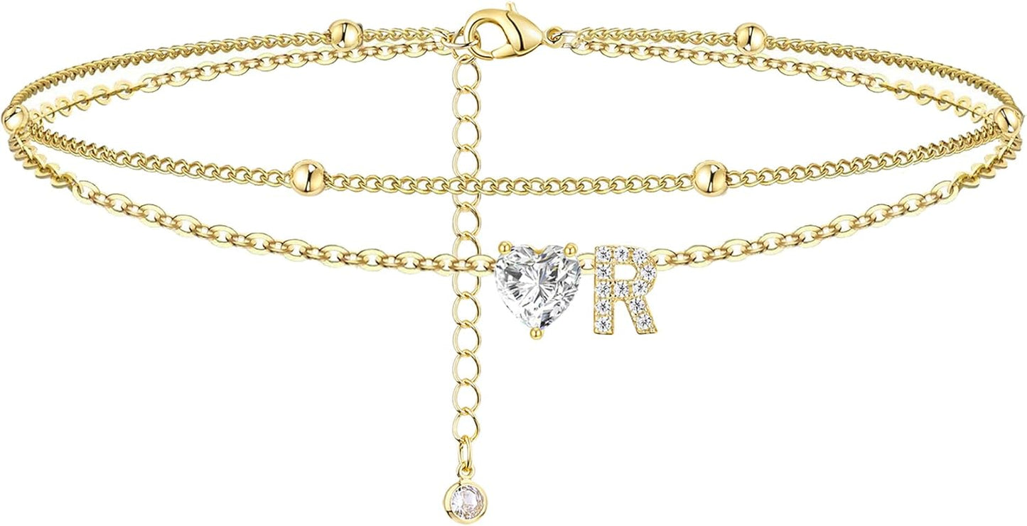 Initial Anklet with Gold Heart Charm