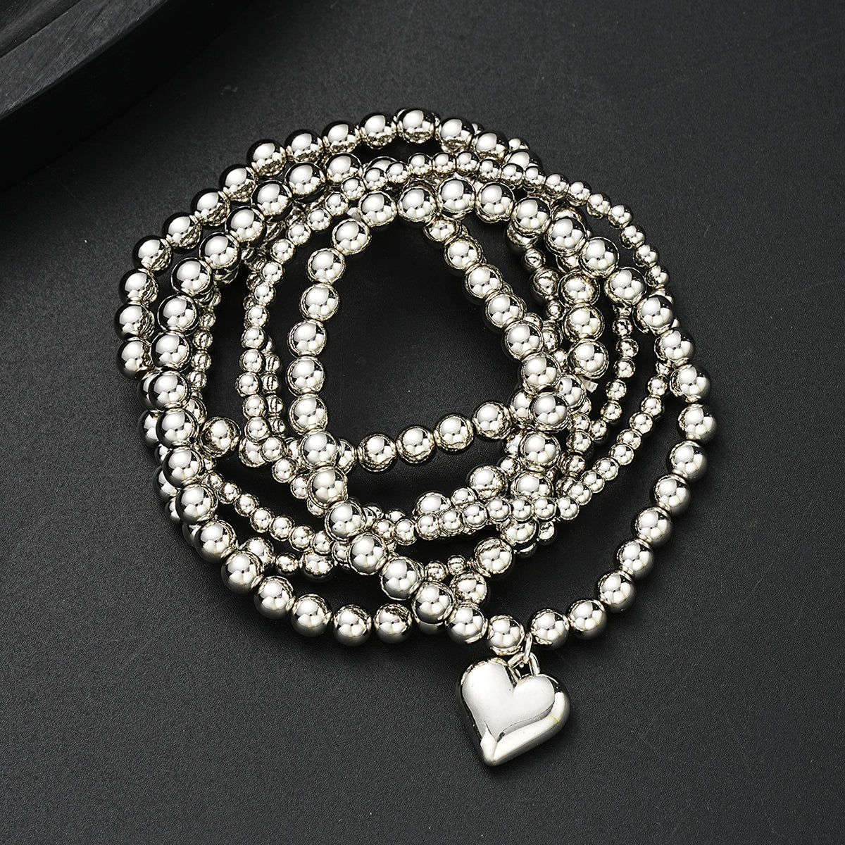 Set of 7 Silver Heart Charm Beaded Bracelets